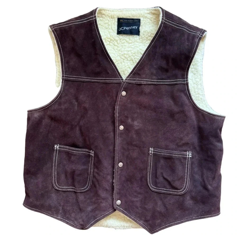 Vintage JCPenney Brown Suede Sherpa Lined Vest Mens size L